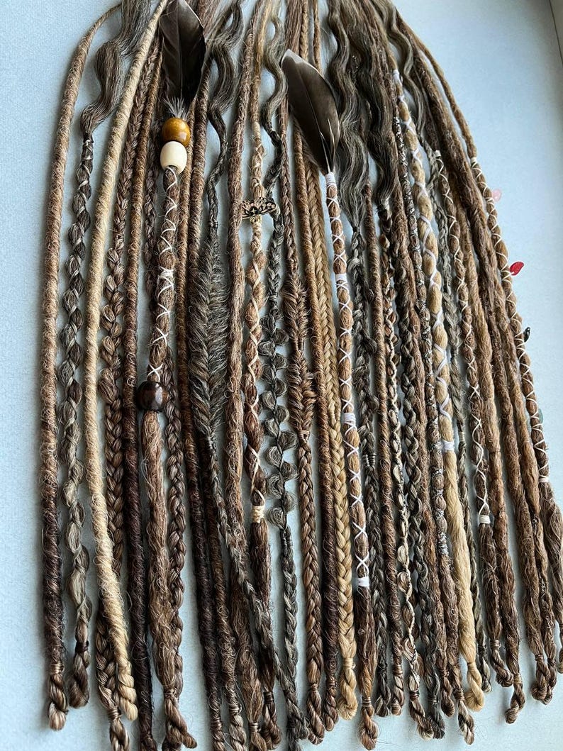 This set is Mix different styles THIN braids and dreads beige,brown,black,blond.This set can be Double ended dreads(DE)or Single ended dreads(SE)variation.This kit of dreads made by Synthetic hair - Kanekalon. The material is light & absolutely safe