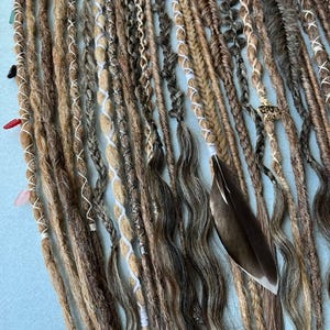 This set is Mix different styles THIN braids and dreads beige,brown,black,blond.This set can be Double ended dreads(DE)or Single ended dreads(SE)variation.This kit of dreads made by Synthetic hair - Kanekalon. The material is light & absolutely safe