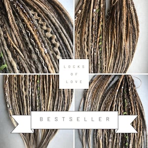 May include: A set of brown, blonde, and gray synthetic dreadlocks with white and green accents. The dreadlocks are arranged in a bundle and are labeled "Locks of Love" and "Bestseller".