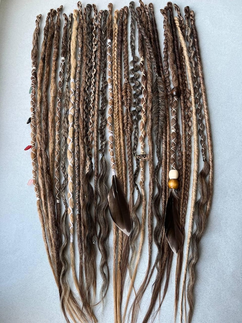 This set is Mix different styles THIN braids and dreads beige,brown,black,blond.This set can be Double ended dreads(DE)or Single ended dreads(SE)variation.This kit of dreads made by Synthetic hair - Kanekalon. The material is light & absolutely safe