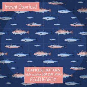 Fish of the Sea Seamless Pattern, Blue Vinyl Surface Design, 300D DPI PNG, Fabric Surface Design, Instant Download, Hand-Drawn Digital Paper