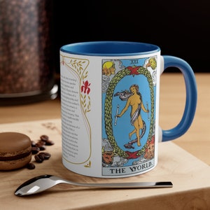 Taza de cartas del tarot, La carta del tarot mundial, taza de café, taza de café de cartas del tarot, arte del tarot, primera carta en la baraja del tarot, azul, taza de 110z, regalo de tendencia