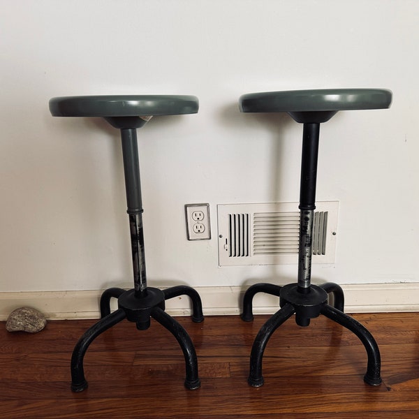 Pair Mid century vintage adjusto equipment metal steel gray machine counter draft stool chair seat