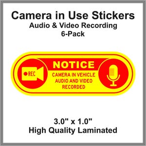 Camera in auto-opnamevideo Set van 6 waarschuwingsstickers geel en rood 3,0 x 1,0 inch voor Uber Lyft- en taxichauffeurs