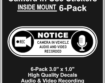Video Recording Decals, Inside Mount Stickers for Uber, Lyft, Taxi (6-Pack)