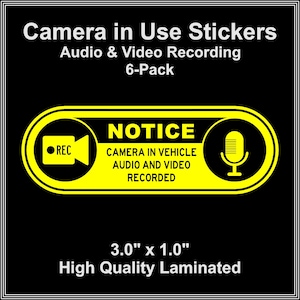 Camera in auto-opnamevideo 6-pack waarschuwingsstickers geel en zwart 3,0 x 1,0 inch voor Uber Lyft- en taxichauffeurs