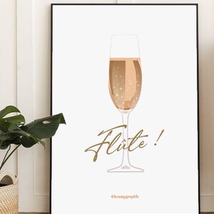 Minimalistisches und humorvolles Grafikplakat - gastronomischer Wanddruck, originelle Kreation: Flöte! Glas Champagner