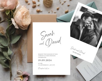 May include: A wedding invitation with a black and white photo of a couple. The invitation is for Sarah and David's wedding on September 19, 2024, at 5 PM. The reception will follow at 123 Anywhere St., Any City.