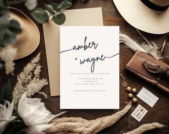 May include: Wedding invitation with a rustic theme. The invitation features the names "amber + wayne" in elegant calligraphy. The text reads "Invite you to celebrate our marriage! 20 September 2024 at 4PM Anywhere Inn 121 Anywhere Street, Any City Dinner and Dancing to Follow"