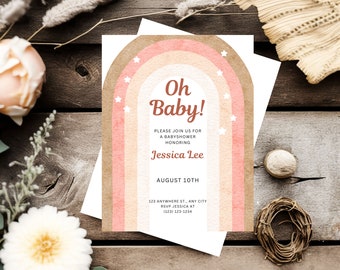 May include: A pink and brown baby shower invitation with a rainbow and stars. The text reads "Oh Baby!" and includes the name Jessica Lee, the date August 10th, and contact information.