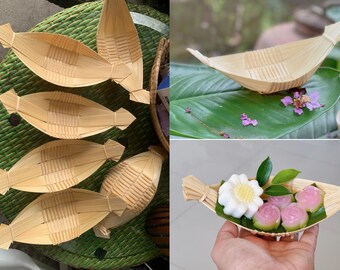 10 PCS Mini Woven Bamboo Tray Boat Shape Decorative Dessert Display,Food Serving Basket, Woven Bamboo Thai bamboo DIY, Jewelry Tray, Props