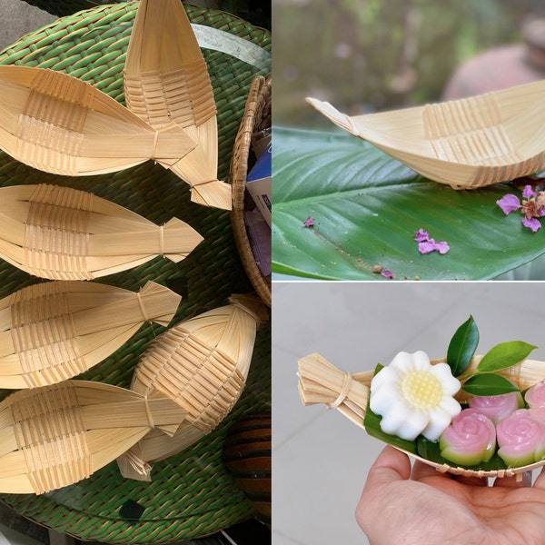 10 PCS Mini Woven Bamboo Tray Boat Shape Decorative Dessert Display,Food Serving Basket, Woven Bamboo Thai bamboo DIY, Jewelry Tray, Props