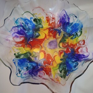 May include: A clear glass bowl with a rainbow swirl design. The bowl has a scalloped edge and is filled with colorful paint.