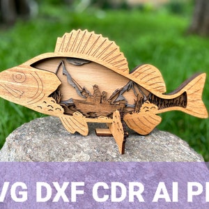 Achigan fichiers Pdf pour bois 4 couches oeuvre d'art père et fils pêche fichiers découpés au laser pêche Svg numérique achigan poisson mise en page pêcheur cadeau parfait