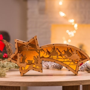 Scatola luminosa in legno a strati con taglio laser SVG, presepe di Natale, portacandele, lanterna di Gesù Bambino, decorazioni natalizie, decorazioni invernali