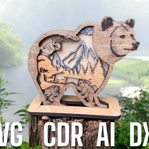 Oso SVG láser para acampar (Svg4) Pieza de arte en capas para Glowforge 3D Oso de madera grabado con láser Archivo de corte Arte de oso en capas Png Oso de montaña Svg