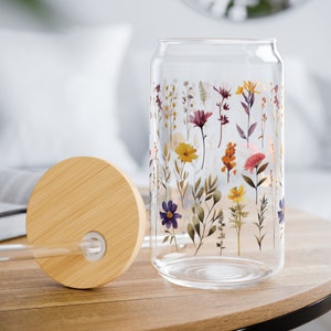 16 oz Floral Glass Tumbler with Bamboo Lid and Straw, Bamboo Lid Tumbler, Eco-friendly drinkware, Glass straw tumbler, Flower Print Cup
