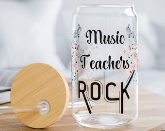 16 oz "Music Teachers Rock" Glass Tumbler with Bamboo Lid and Straw, Music Teacher Gift, Dandelion with musical notes, Music Flower Tumbler