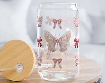 Butterflies and bows 16 oz Glass Tumbler with Bamboo Lid Sipper Glass, Butterfly Glass Tumbler, Red and Pink Bows Tumbler, Red and Pink Bows