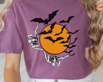 Spooky Skeleton Hands & Bats Halloween Unisex Garment-Dyed Tshirt, Halloween T-shirt, Spooky Bat T-shirt, Skeleton hands T-shirt, Fall shirt