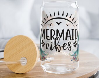 16 oz "Mermaid Vibes" glazen beker met bamboe deksel en rietje, zeemeermin beker, 16 oz beker, zeemeermin minnaar cadeau, oceaan minnaar cadeau