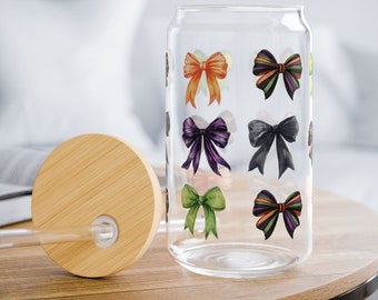 Glass Can with Bamboo Lid and Straw, Colorful Bow Designs,Sipper Glass, 16oz, Colorful Bow Iced Coffee Glass,Halloween Bow Iced Coffee Glass