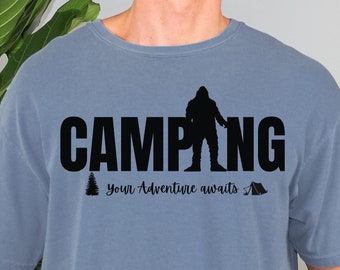 Bigfoot Camping TShirt Your Adventure Awaits Unisex Garment-Dyed T-shirt, Camping Tshirt, Bigfoot Tshirt, Sasquatch T-shirt, Cryptid T-shirt