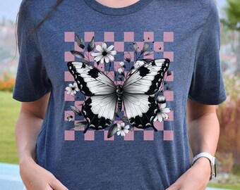 Elegant Butterfly & Floral Checkered Shirt Unisex Jersey Short Sleeve Tee, Butterfly T-shirt, Floral Design T-shirt, Checkered Pattern Shirt