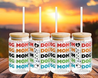 16 oz "Colorful Dog Mom" Glass Tumbler with Bamboo Lid and Straw, Dog Mom Gift, Dog Lover Gift, Iced Coffee Tumbler, Beer Glass Tumbler