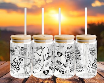 16 oz "Dog Mom" Glass Tumbler with Bamboo Lid and Straw, Dog Mom Iced Coffee Glass, Dog Mom Beer Glass, Dog Mom Gift, Dog Quotes Tumbler
