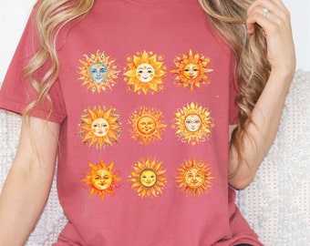 Boho Sun Faces Graphic Tee Camiseta unisex teñida de ropa, camisa de cara de sol, regalo para los amantes del sol, camisa de sol Boho, camisa de vibraciones positivas, camisa soleada