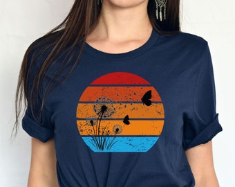 Retro Sunset Dandelion and Butterfly Graphic Unisex Jersey Short Sleeve Tee,Retro Dandelion Shirt, Retro Sunset Shirt, Retro Butterfly shirt