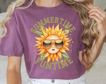 Summertime Funtime Sunflower Tee with Sunglasses Unisex Garment-Dyed T-shirt, Summer T-shirt, Sunflower T-shirt, Gift for Sun lover,