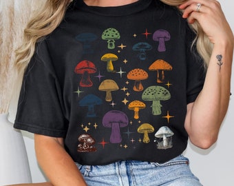 Vintage Pilz Grafik T-Shirt - Retro Buntes Pilz T-Shirt Unisex Stückgefärbtes T-Shirt, Buntes Pilz Shirt, Pilz T-Shirt