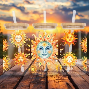 Radiant Sunburst 16 oz Glass Tumbler with Bamboo Lid, Sipper Glass, Sun Tumbler, Radiant Sun glass cup, Sunshine Cup, Iced Coffee Cup