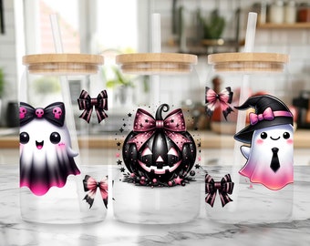 Kawaii Gothic Halloween Glass Tumbler with Bamboo Lid - 16oz Sipper Glass, Halloween Iced Coffee Glass, Pumpkin and Ghost Iced Coffee Glass