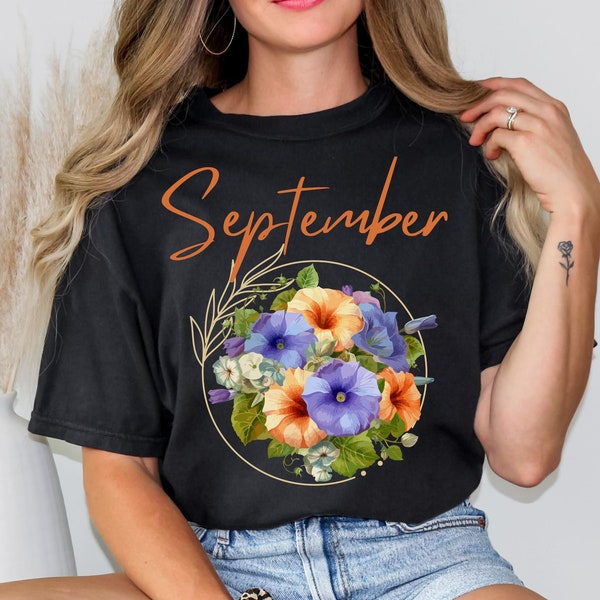 Birth Flower Shirt September Morning Glory Unisex Garment-Dyed T-shirt, Comfort Colors, Birthday Shirt, Birthflower T-Shirt, September Shirt