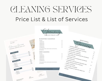 Cleaning Services Price List, House Cleaning Price List, Professional Cleaner Price List, Residential Cleaning Form Digital, Editable Price