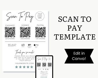 Modèle Scan to Pay, version imprimable Venmo Payment, Modèle de signe de code QR, Signe PayPal pour les petites entreprises, Scan to Pay modifiable, Modèle numérique