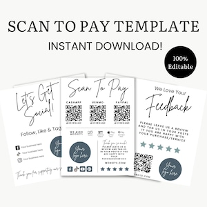 Bearbeitbare Scan-to-Pay-Vorlage, Hinterlassen Sie eine Bewertungskarte, Let's Get Social Card. Small Business Bundle, QR Code Scan to Pay