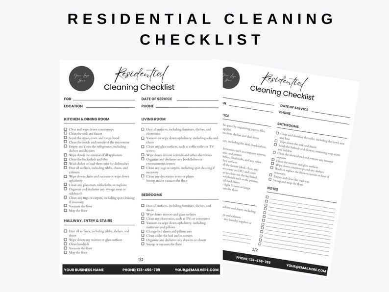 Commercial Cleaning Checklist, Cleaning Business Checklist, Residential