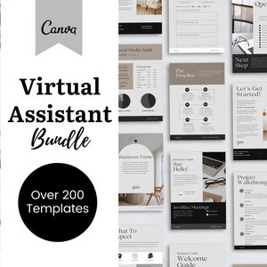 May include: A Canva template bundle for virtual assistants, featuring over 200 templates. The templates are designed in a minimalist style with black and white text on a light gray background. The text includes phrases like "Project Quote", "How It Works", "Client Contract", "Social Media Audit", "The Timeline", "Next Step", "Let's Get Started", "Say Hello", "Project Walkthrough", "In Office Meetings", "Welcome Guide", "Question List", "Two Column", "Add", "Add", "Rep".