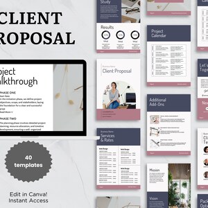 Op de afbeelding: Een digitale templateset voor klantvoorstellen, met een modern ontwerp in donkerblauw en mauve. De afbeelding toont een laptopscherm met een project walkthrough en diverse document templates, met de tekst 'Edit in Canva!'