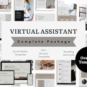 May include: A collage of images showcasing a virtual assistant package with over 200 templates. The package includes social media templates, business templates, branding elements, and more. The text "VIRTUAL ASSISTANT Complete Package" is prominently displayed in black and gray.