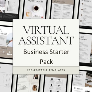 Könnte beinhalten: Eine Sammlung digitaler Vorlagen für virtuelle Assistenten mit einer Vielzahl von Layouts und Designs. Die Vorlagen werden auf Tablet-Bildschirmen angezeigt und beinhalten Titel wie "Next Steps", "Project Quote", "Media Audit", "Questions" und "Walkthrough". Der Text "VIRTUAL ASSISTANT Business Starter Pack 200+ EDITABLE TEMPLATES" wird in großer Schrift in der Mitte des Bildes angezeigt.
