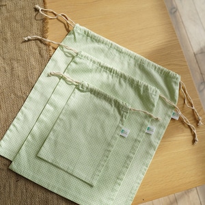 Reusable produce bags, produce storage bags, reusable drawstring bags, cotton storage bags, reusable food storage bags, green check
