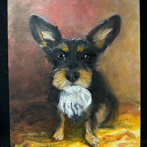 May include: Oil painting of a small dog with black and tan fur, large ears, and a white ruff. The dog is centered against a background of warm colours, with a yellow and gold foreground.