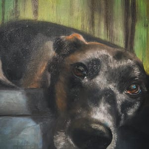 May include: An oil painting depicting a dog with black and brown fur, looking directly at the viewer. The dog has brown eyes and a black nose. The background shows a blurred green and brown forest scene.