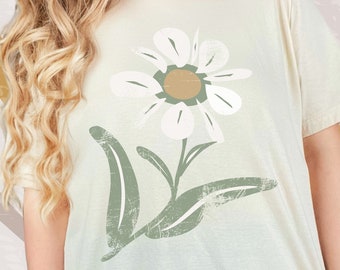 Boho Floral Tee: Hand-Drawn Distressed Flower, Vintage Petals, Free Spirit Fashion, Nature-Inspired, Hippie Style Apparel