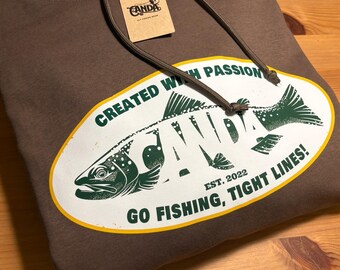 Hoodie Sweatshirt with Retro Trout Design (Fly Fishing, Vintage, Brown, Grey, Green)